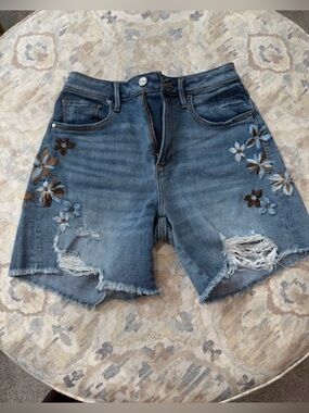 DRIFTWOOD Blue Denim Jean Shorts with Floral Embroidery